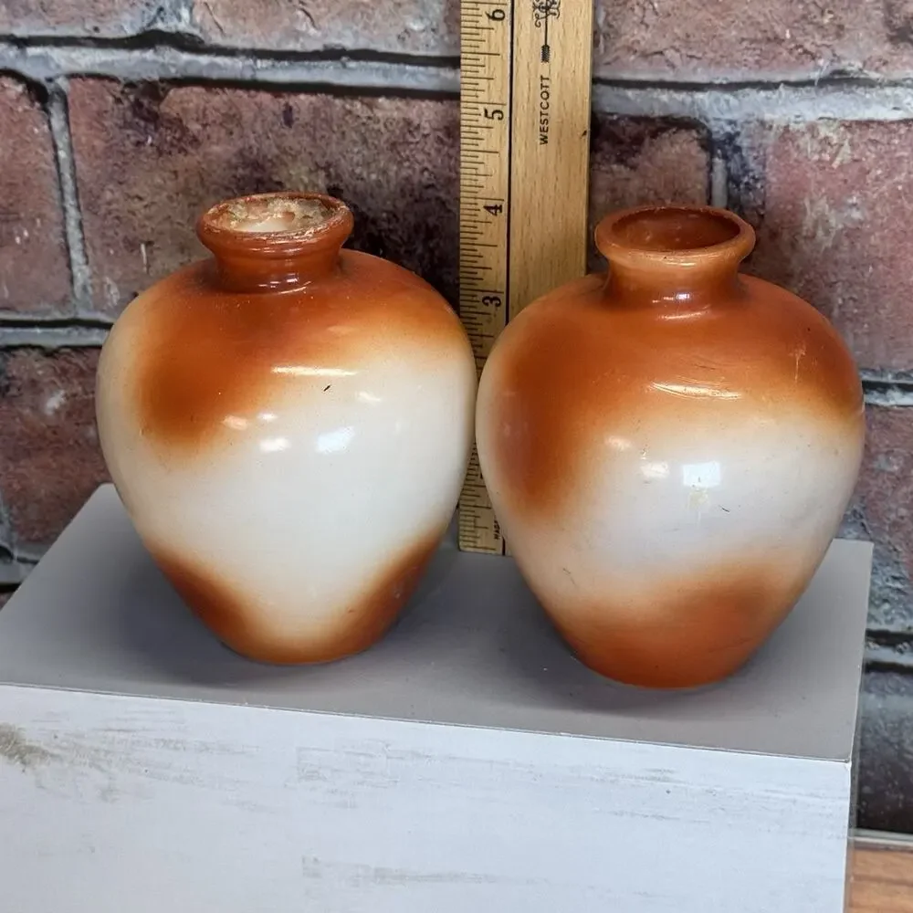 Set of 2 Antique 1900-1920's Fostoria Milk Glass Bulbous Vases Hand-Painted Rose